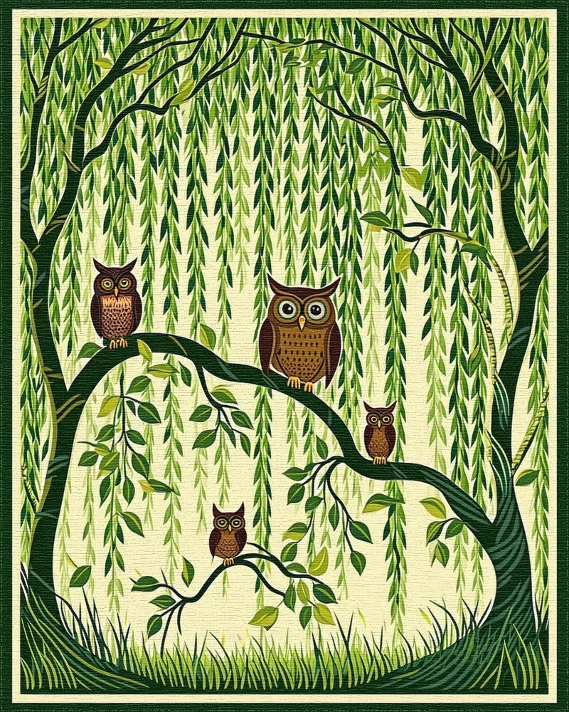 Whimsical Owl Family Forest Scene Rug - Cutout View