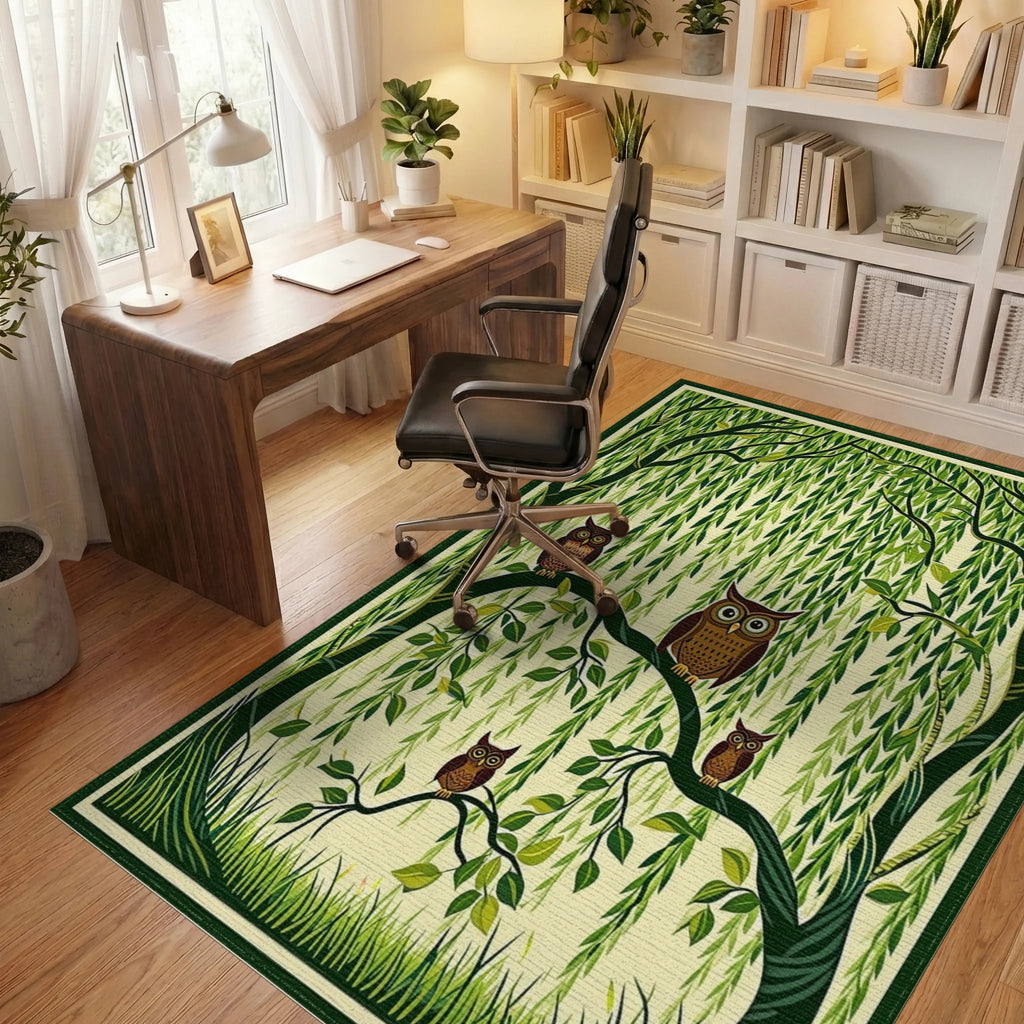 Whimsical Owl Family Forest Scene Rug - Office View