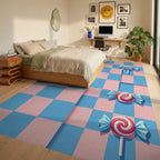 Whimsical Pink and Blue Swirled Candy Rug Bedroom View