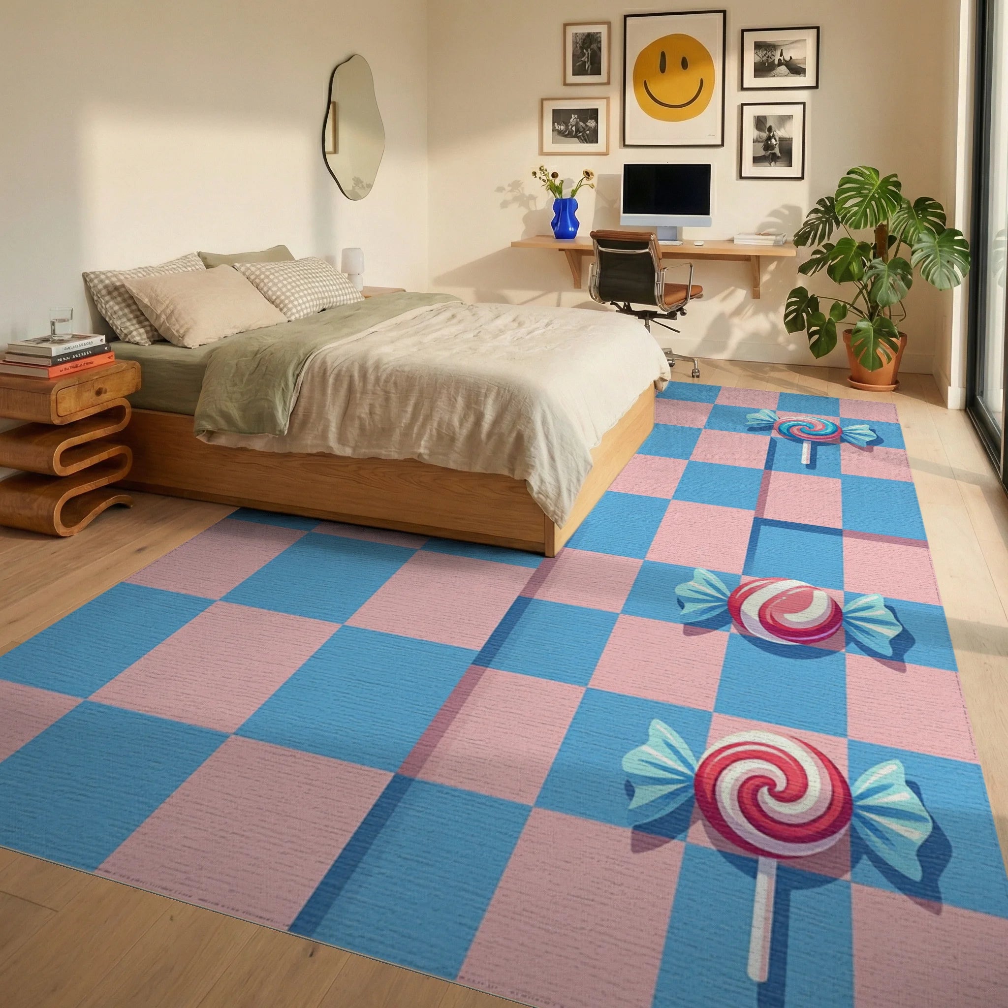 Whimsical Pink and Blue Swirled Candy Rug Bedroom View