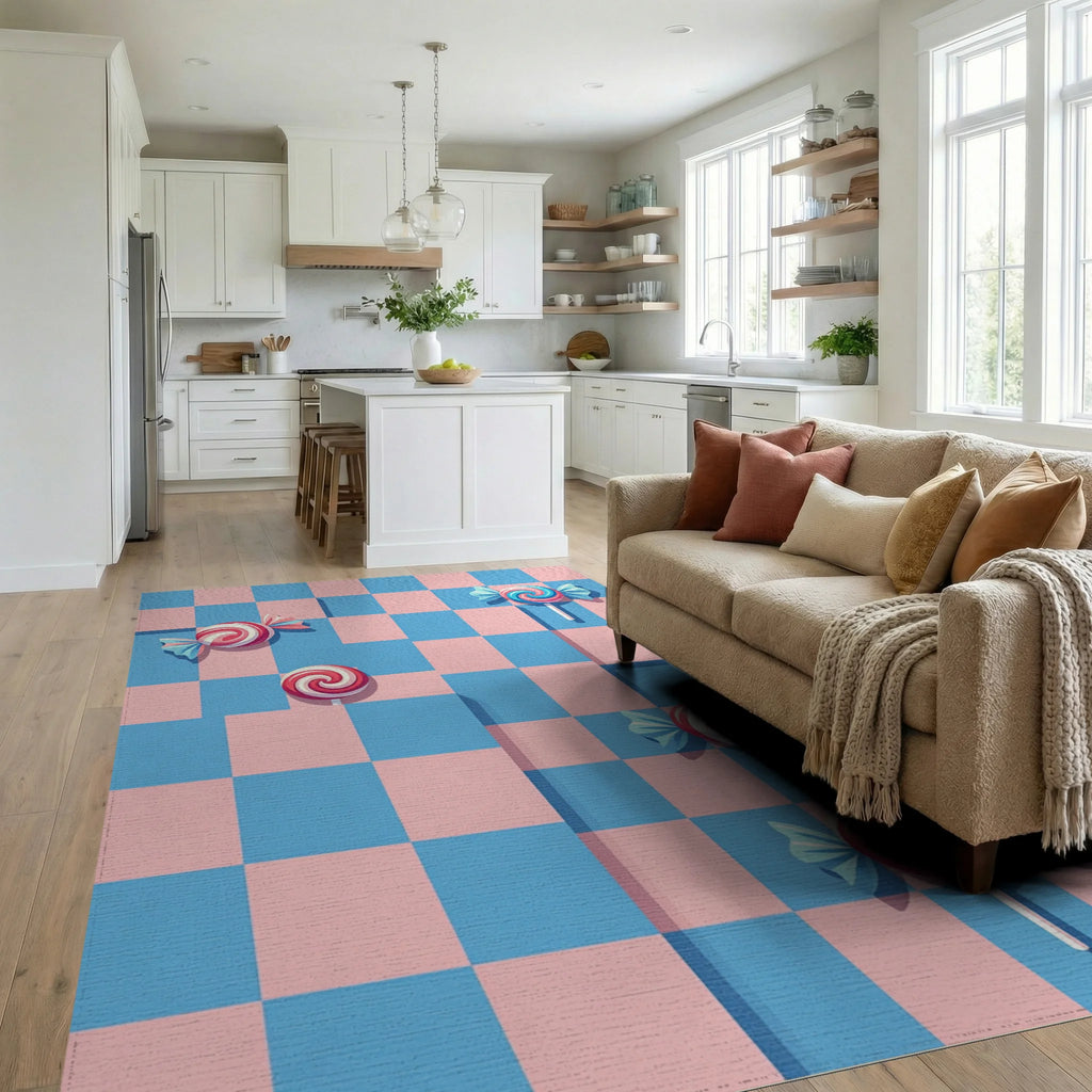Whimsical Pink and Blue Swirled Candy Rug Living Room View
