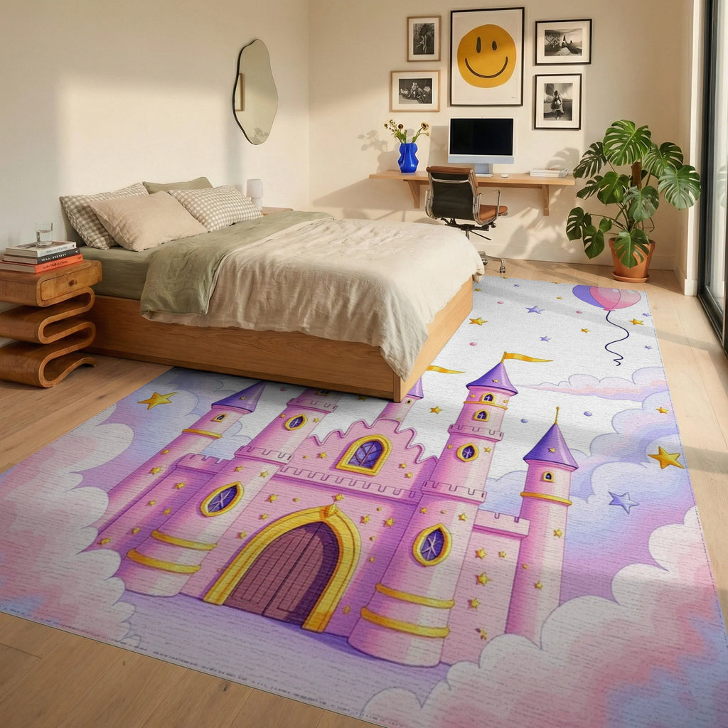 Whimsical Pink Castle and Starry Clouds Rug Bedroom View