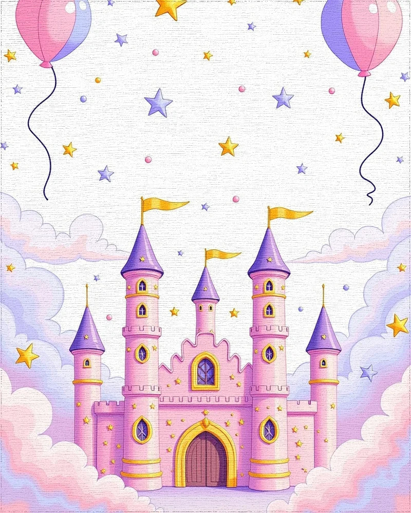 Whimsical Pink Castle and Starry Clouds Rug - Cutout View