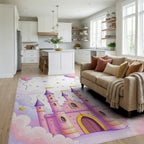 Whimsical Pink Castle and Starry Clouds Rug Living Room View