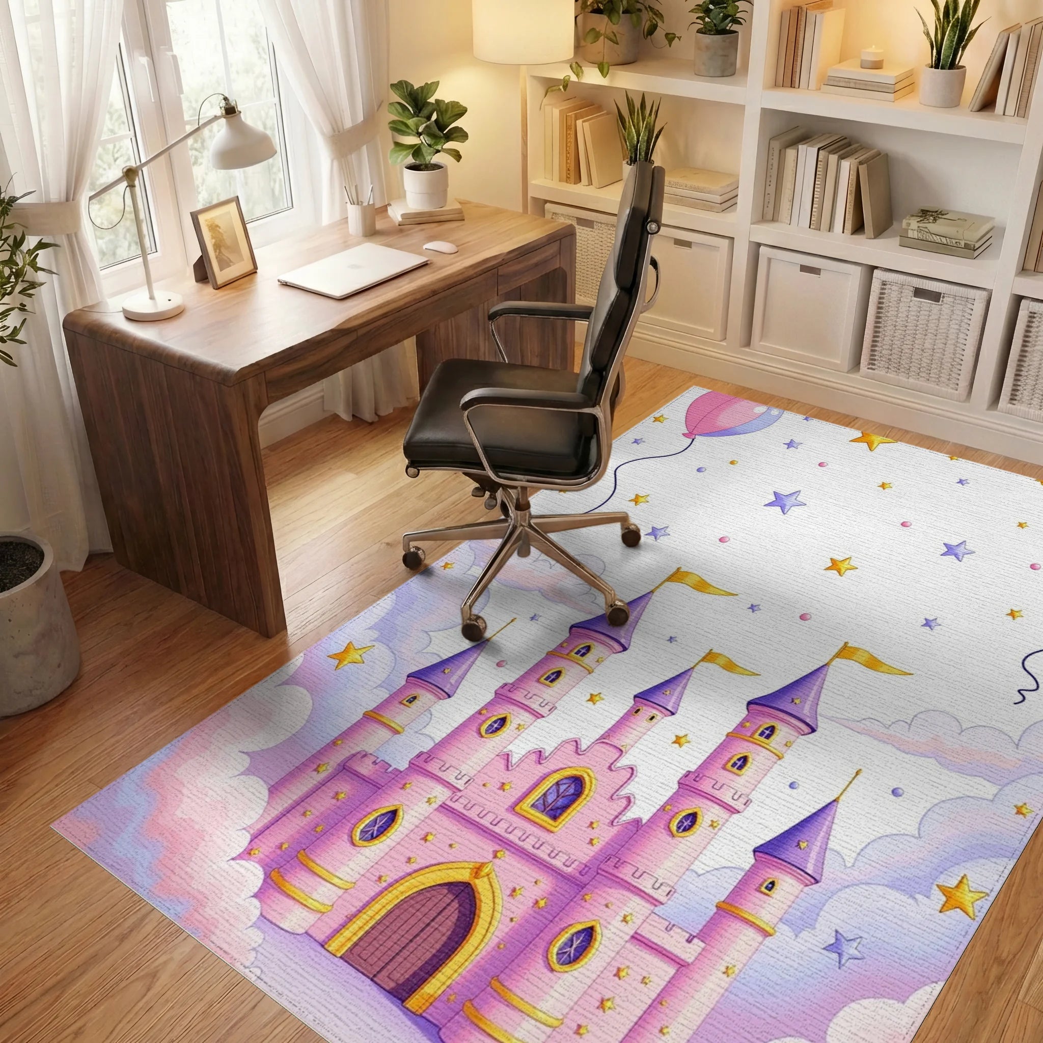 Whimsical Pink Castle and Starry Clouds Rug Office View