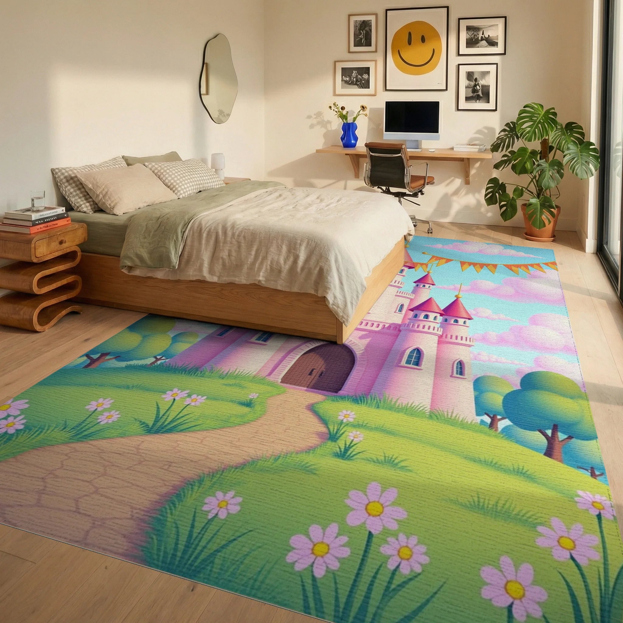Whimsical Pink Castle Garden Path Rug Bedroom View