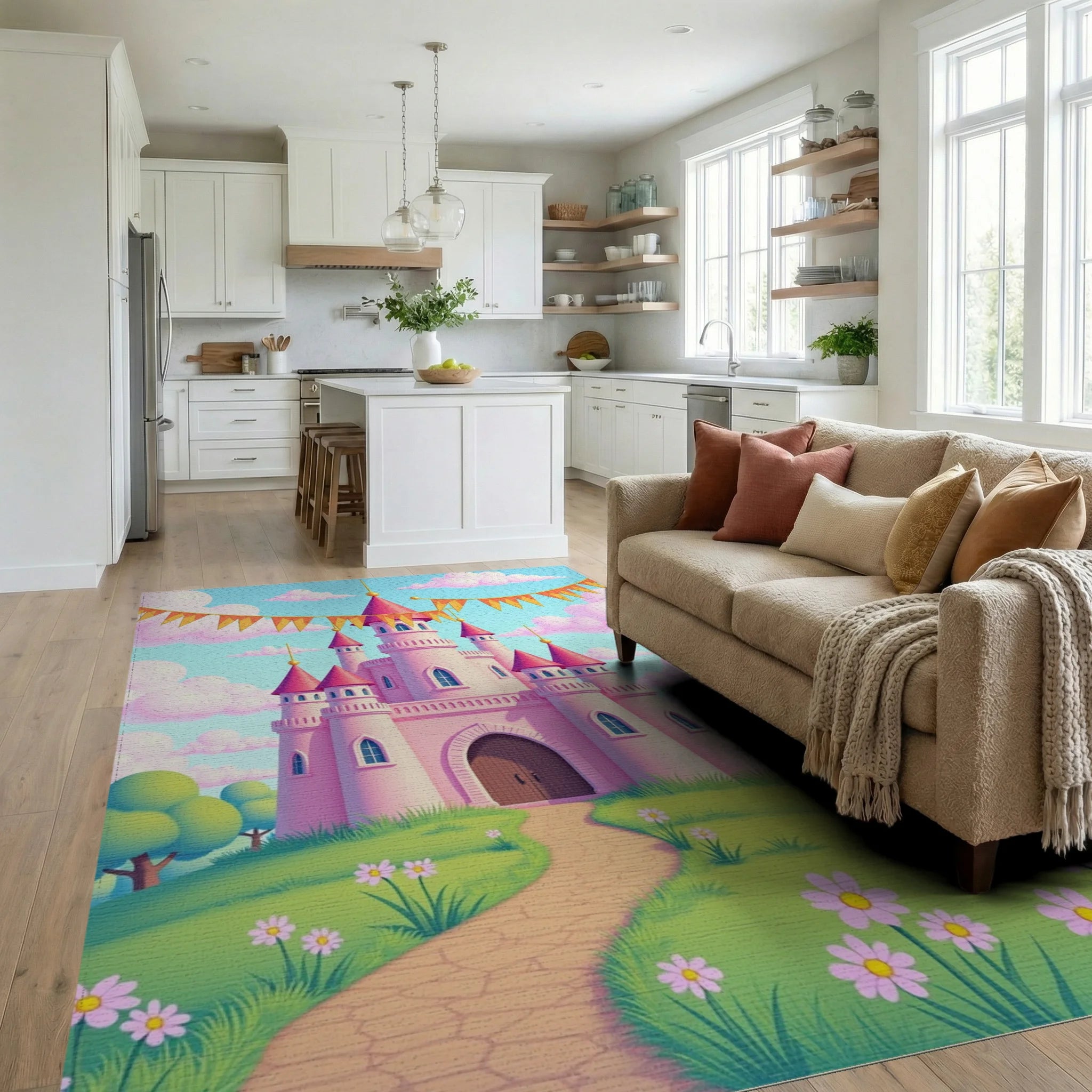 Whimsical Pink Castle Garden Path Rug Living Room View