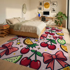 Whimsical Pink Cherry Bow Star Illustration Rug Bedroom View