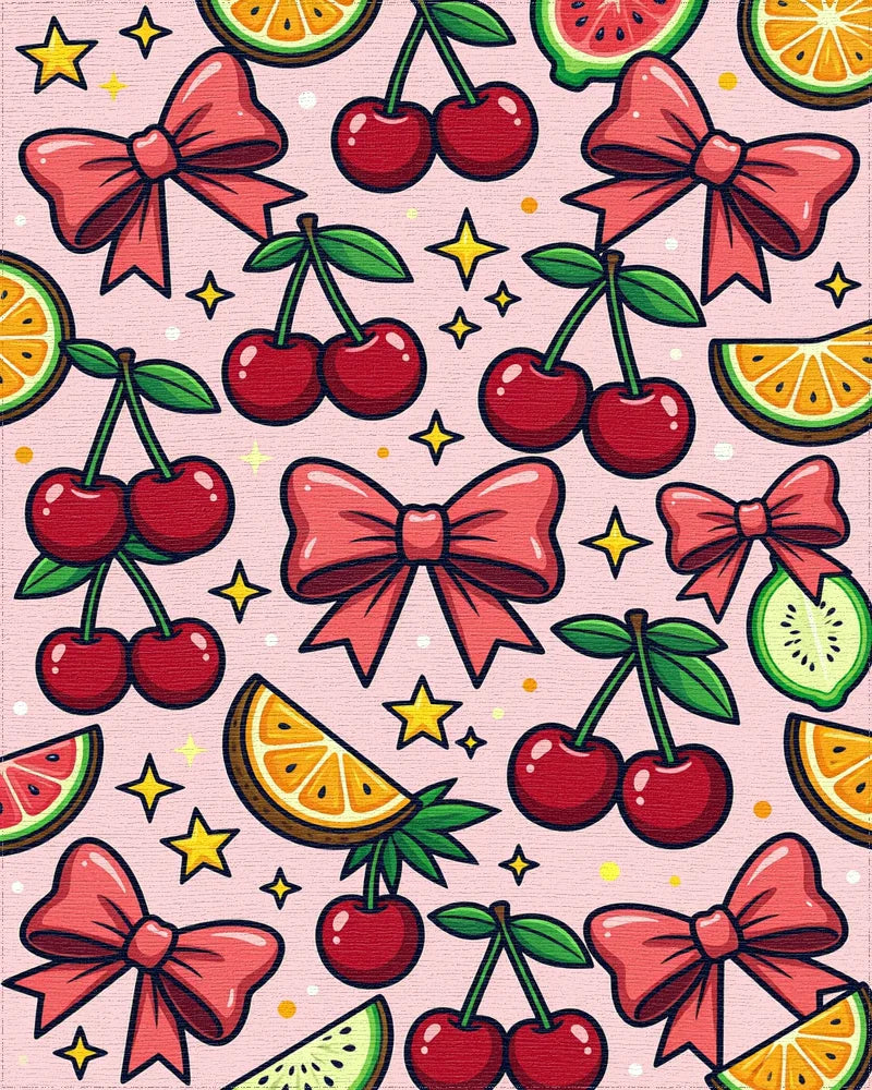 Whimsical Pink Cherry Bow Star Illustration Rug - Cutout View