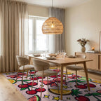Whimsical Pink Cherry Bow Star Illustration Rug Dining Room View