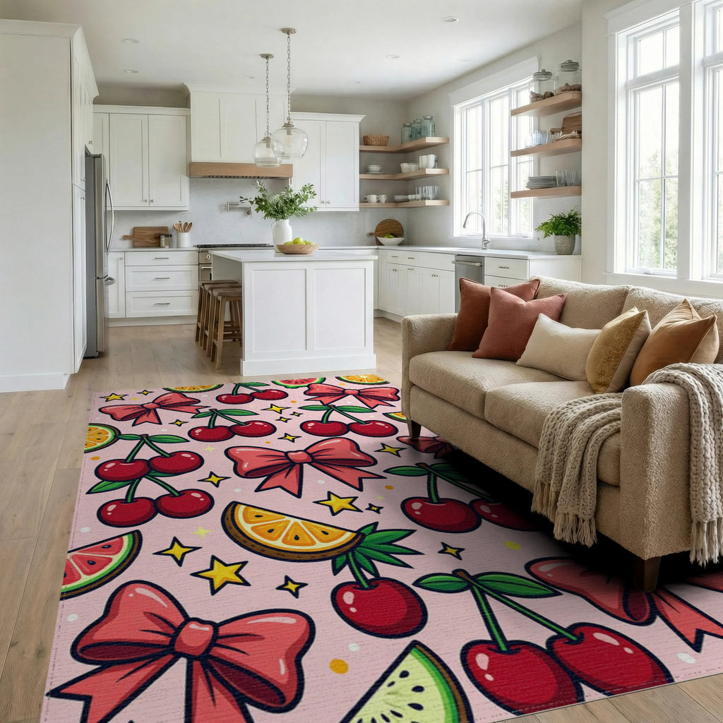 Whimsical Pink Cherry Bow Star Illustration Rug Living Room View