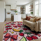 Whimsical Pink Cherry Bow Star Illustration Rug Living Room View
