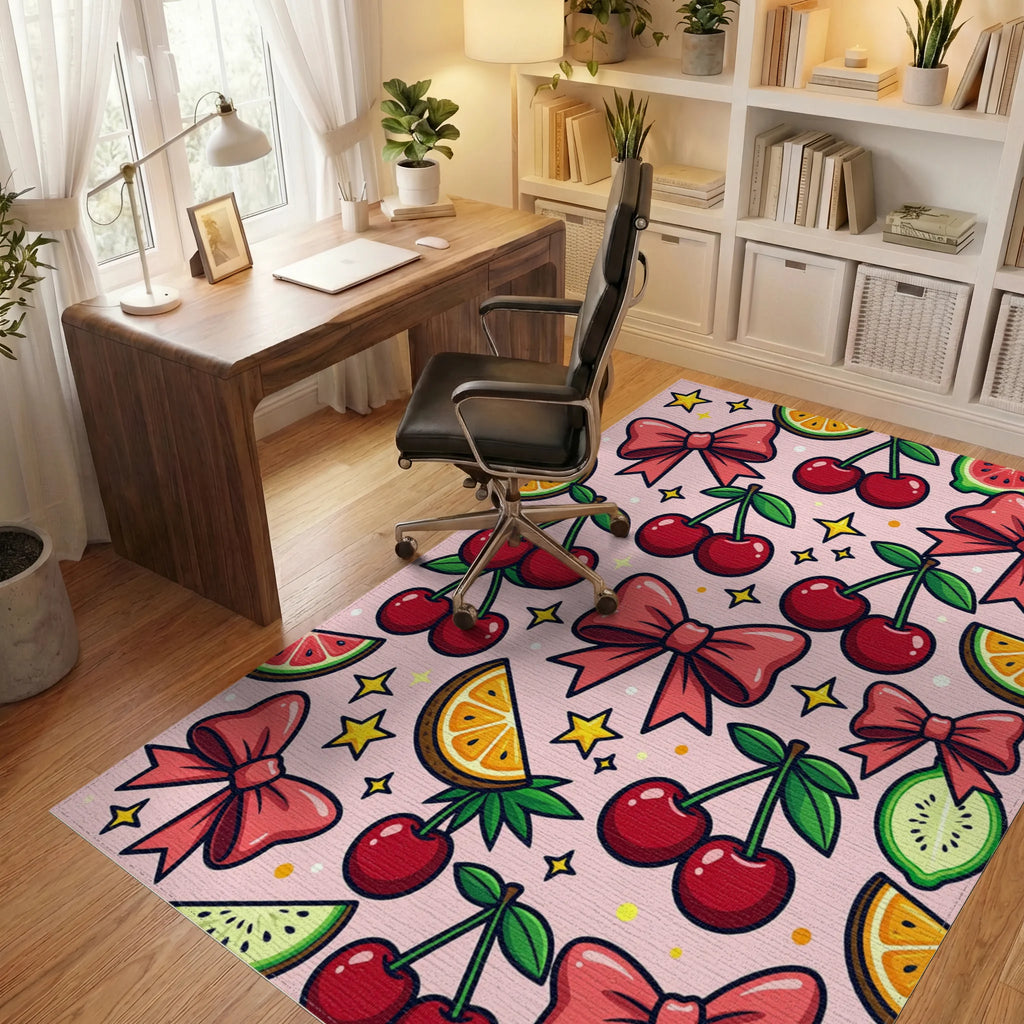 Whimsical Pink Cherry Bow Star Illustration Rug Office View