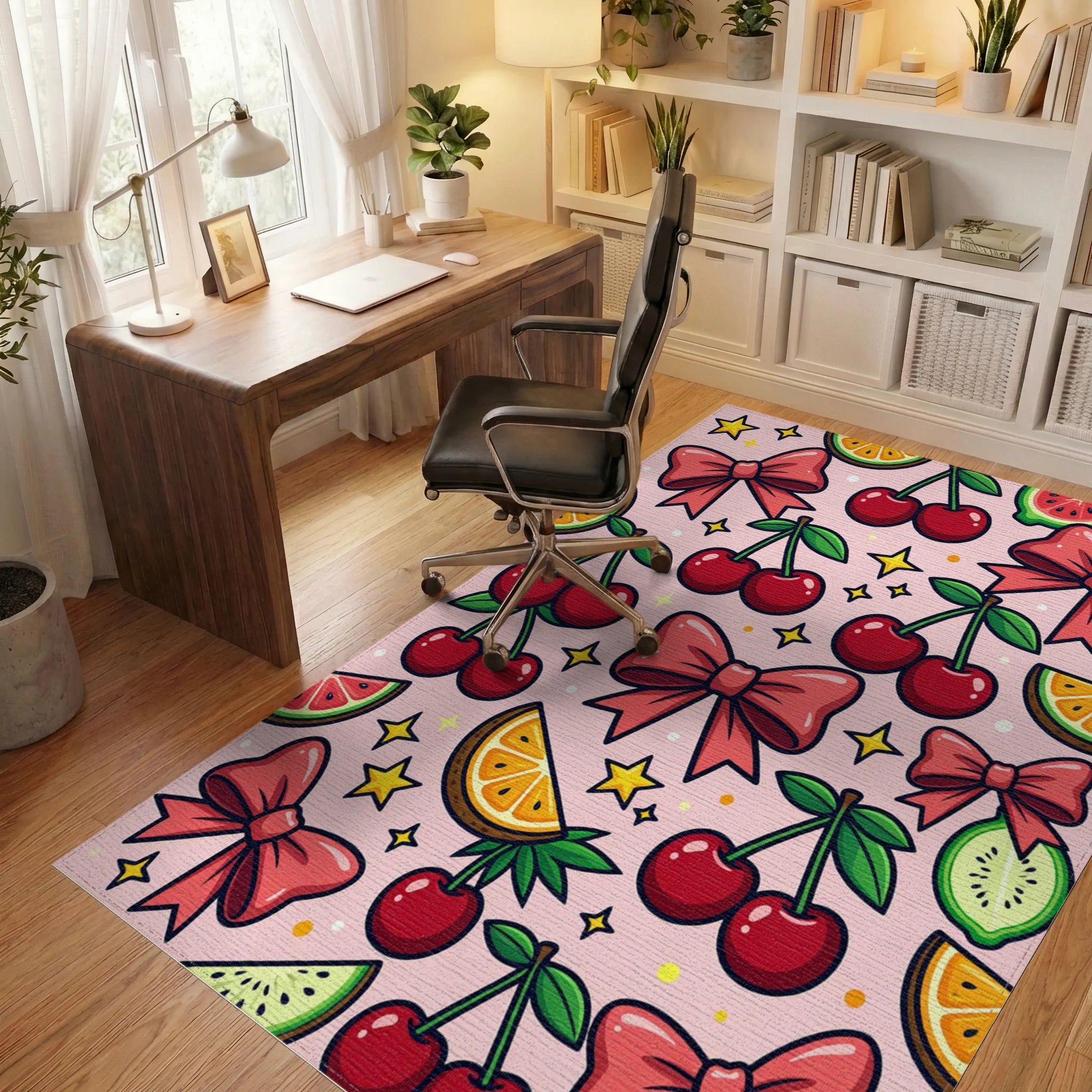 Whimsical Pink Cherry Bow Star Illustration Rug Office View