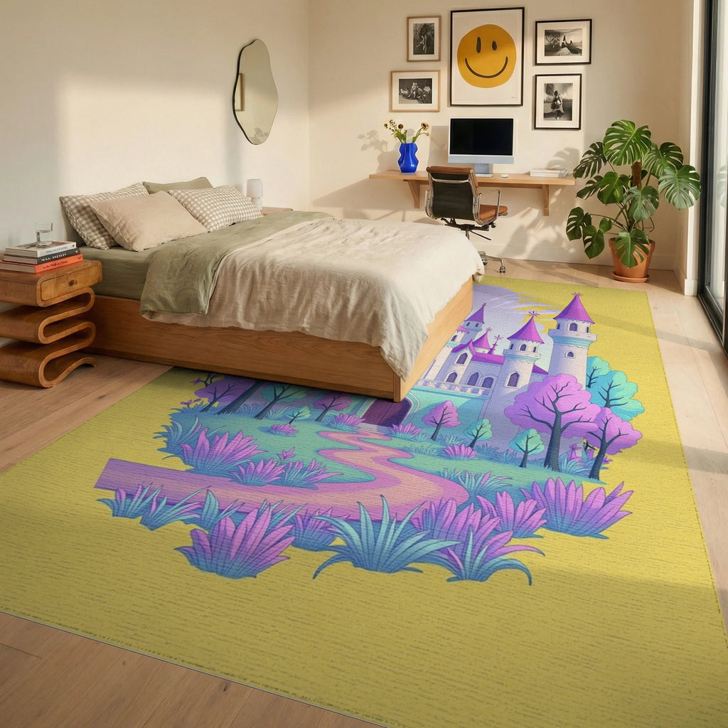 Whimsical Pink Fairytale Castle Garden Rug Bedroom View