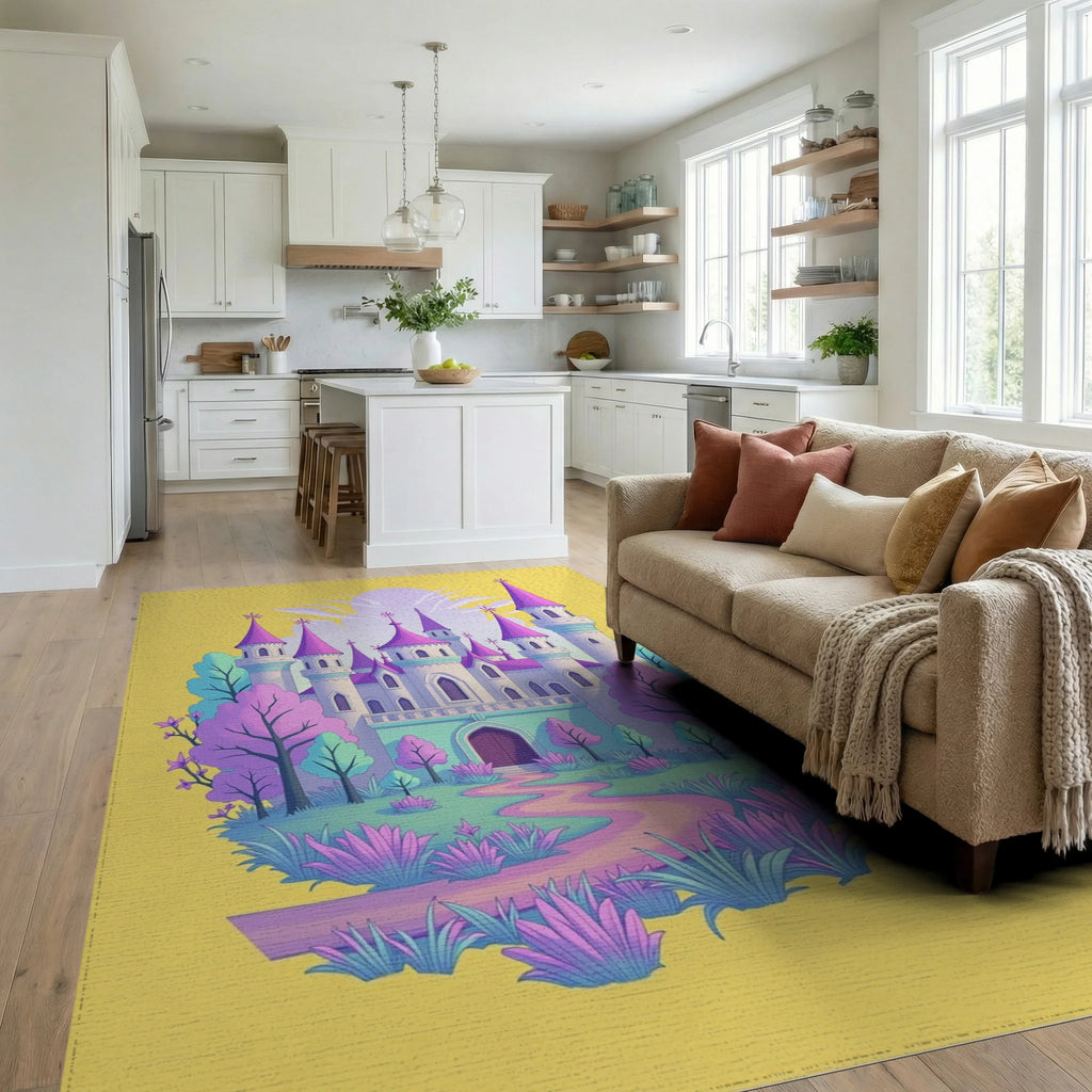 Whimsical Pink Fairytale Castle Garden Rug Living Room View