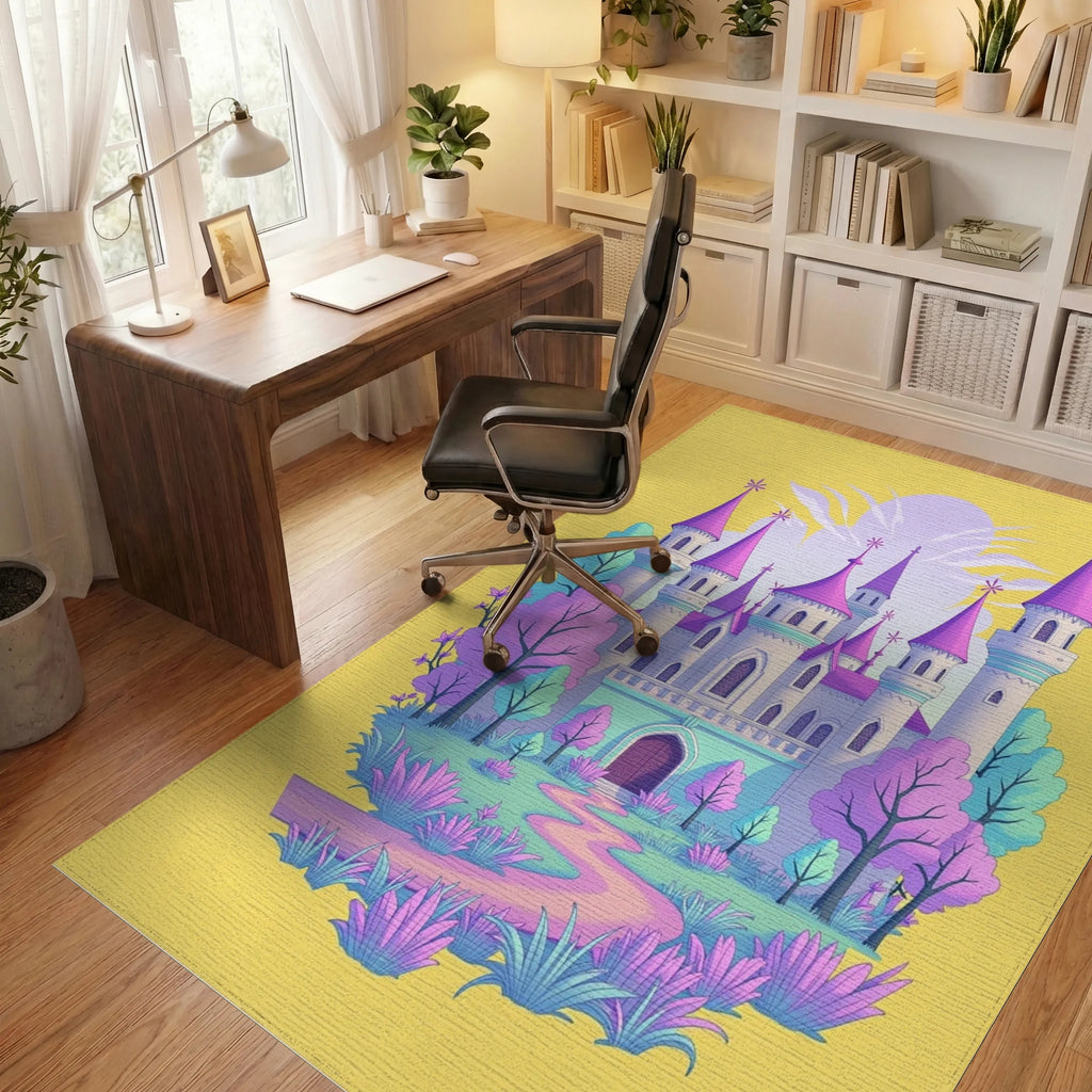 Whimsical Pink Fairytale Castle Garden Rug Office View