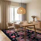 Whimsical Pink Frog and Heart Collage Rug Dining Room View