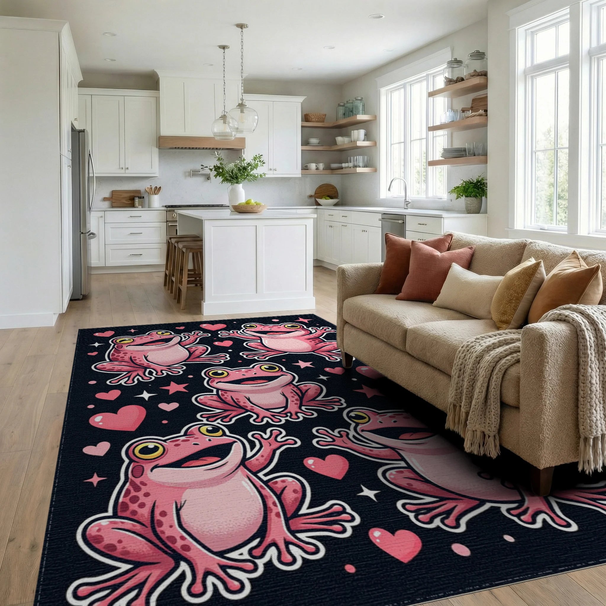 Whimsical Pink Frog and Heart Collage Rug Living Room View