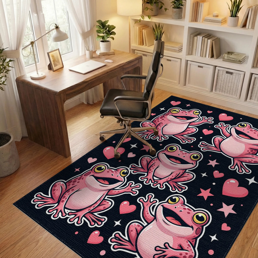 Whimsical Pink Frog and Heart Collage Rug Office View