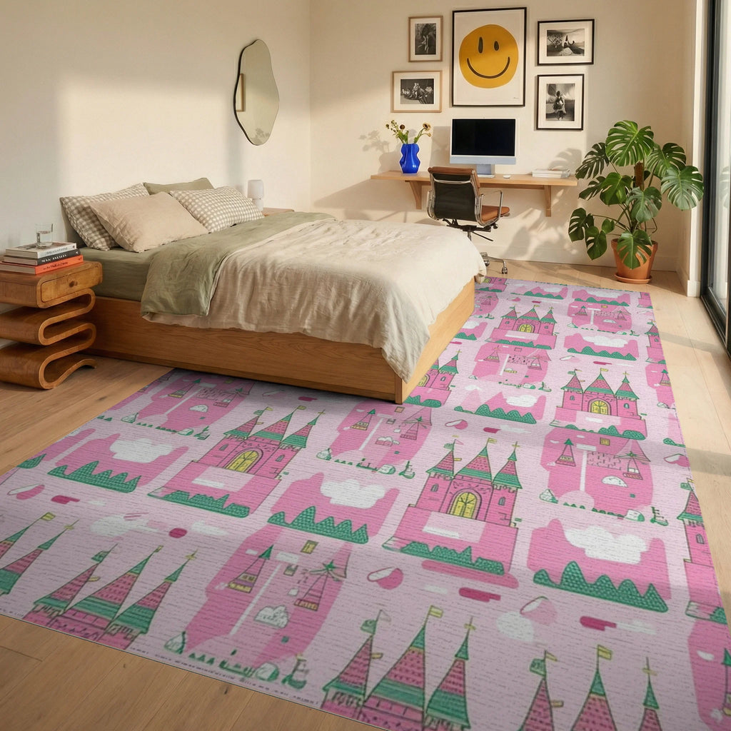 Whimsical Pink Green Castle Rug - Bedroom View
