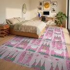 Whimsical Pink Green Castle Rug - Bedroom View