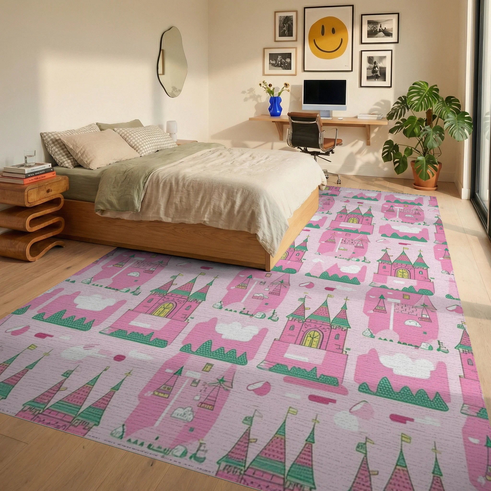 Whimsical Pink Green Castle Rug - Bedroom View