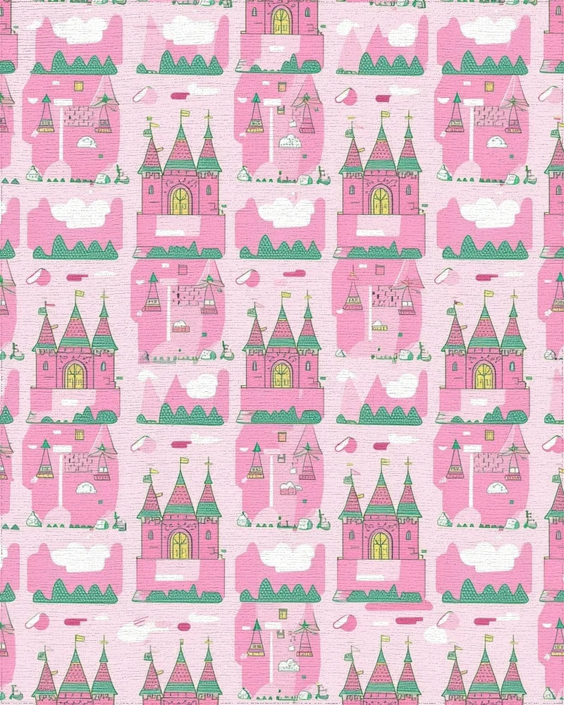 Whimsical Pink Green Castle Rug - Cutout View