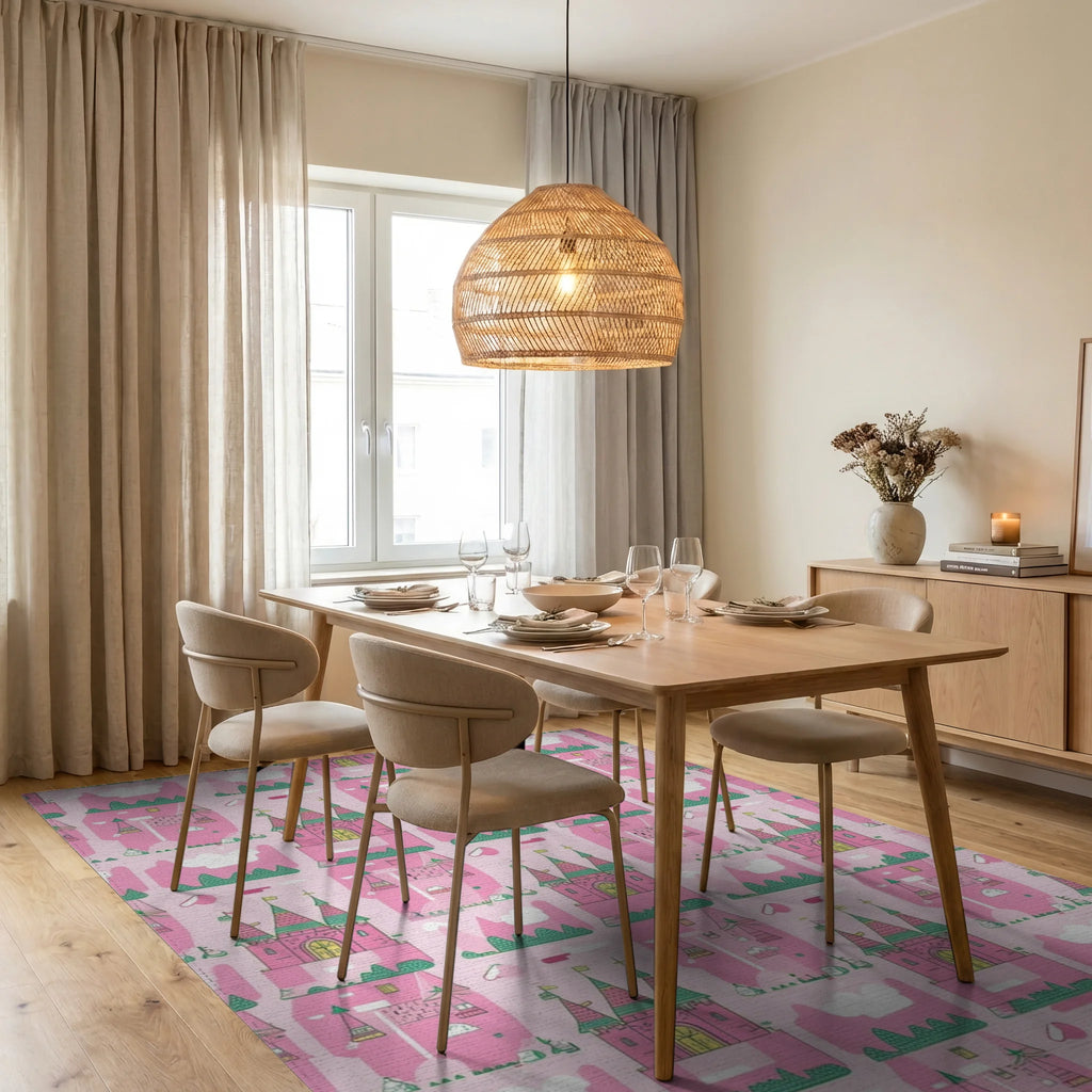 Whimsical Pink Green Castle Rug - Dining Room View