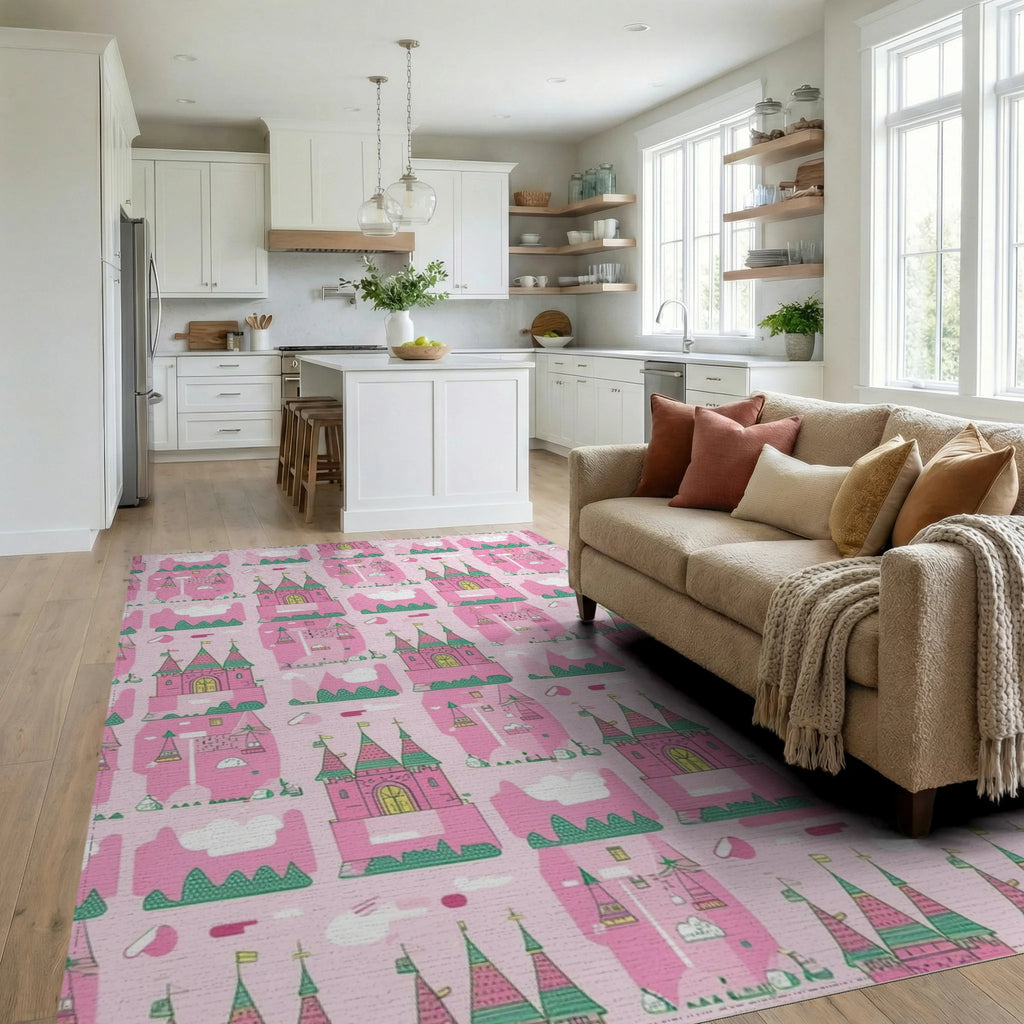 Whimsical Pink Green Castle Rug - Living Room View