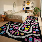 Whimsical Pink Rainbow And Village Map Rug Bedroom View
