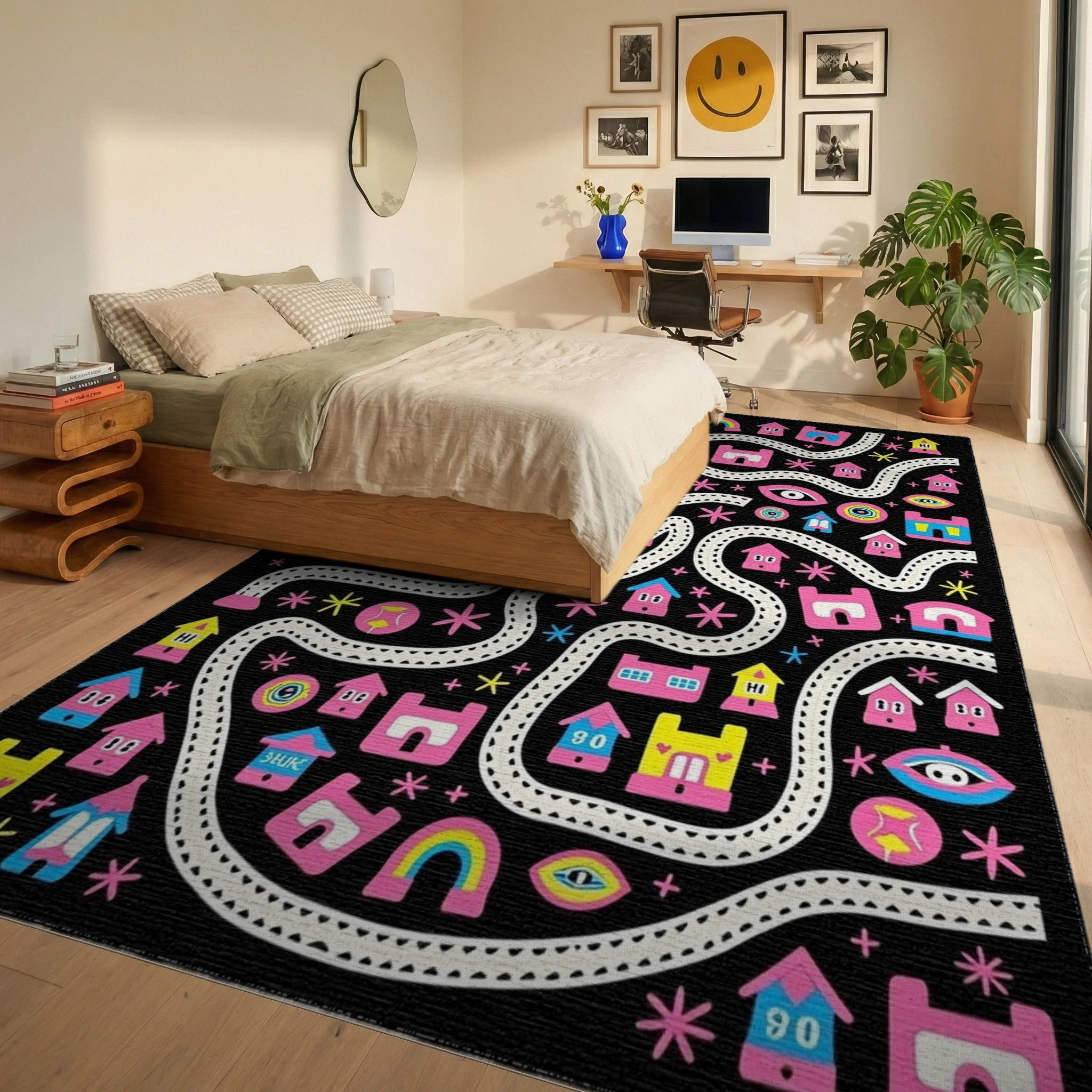 Whimsical Pink Rainbow And Village Map Rug Bedroom View
