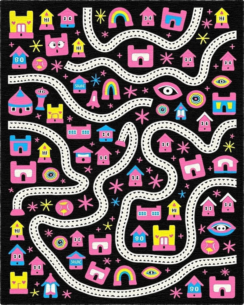 Whimsical Pink Rainbow And Village Map Rug - Cutout View