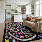 Whimsical Pink Rainbow And Village Map Rug Living Room View