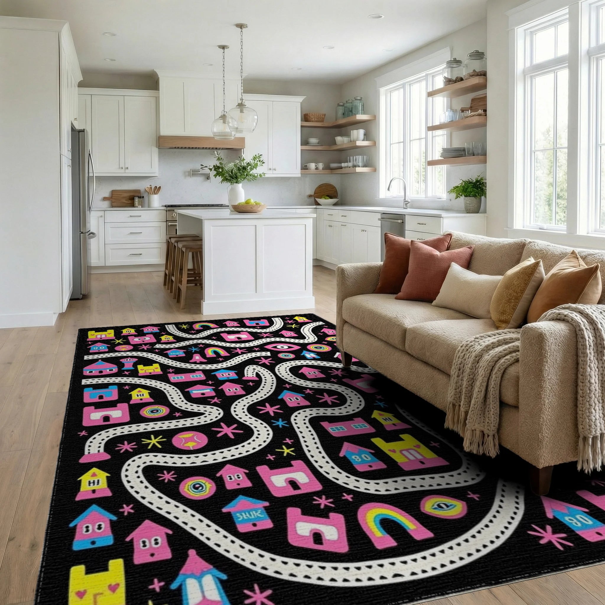 Whimsical Pink Rainbow And Village Map Rug Living Room View