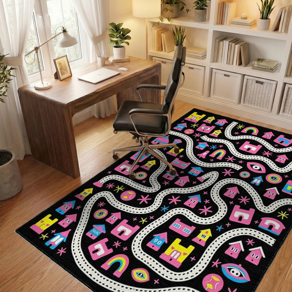Whimsical Pink Rainbow And Village Map Rug Office View