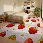 Whimsical Pink Strawberry Daisy Rug Bedroom View
