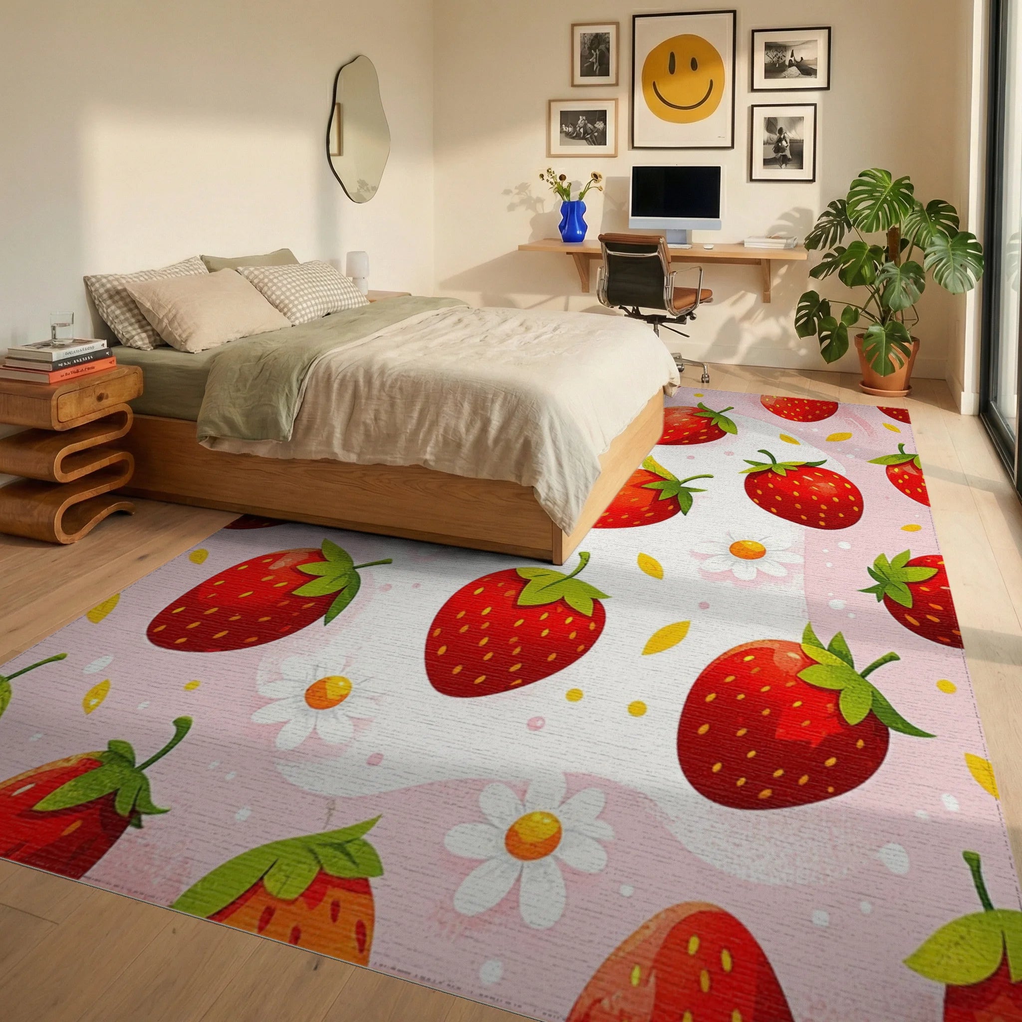 Whimsical Pink Strawberry Daisy Rug Bedroom View