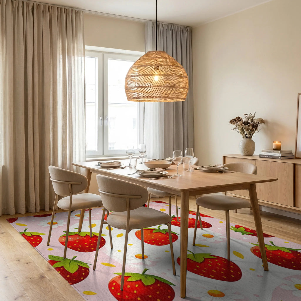 Whimsical Pink Strawberry Daisy Rug Dining Room View