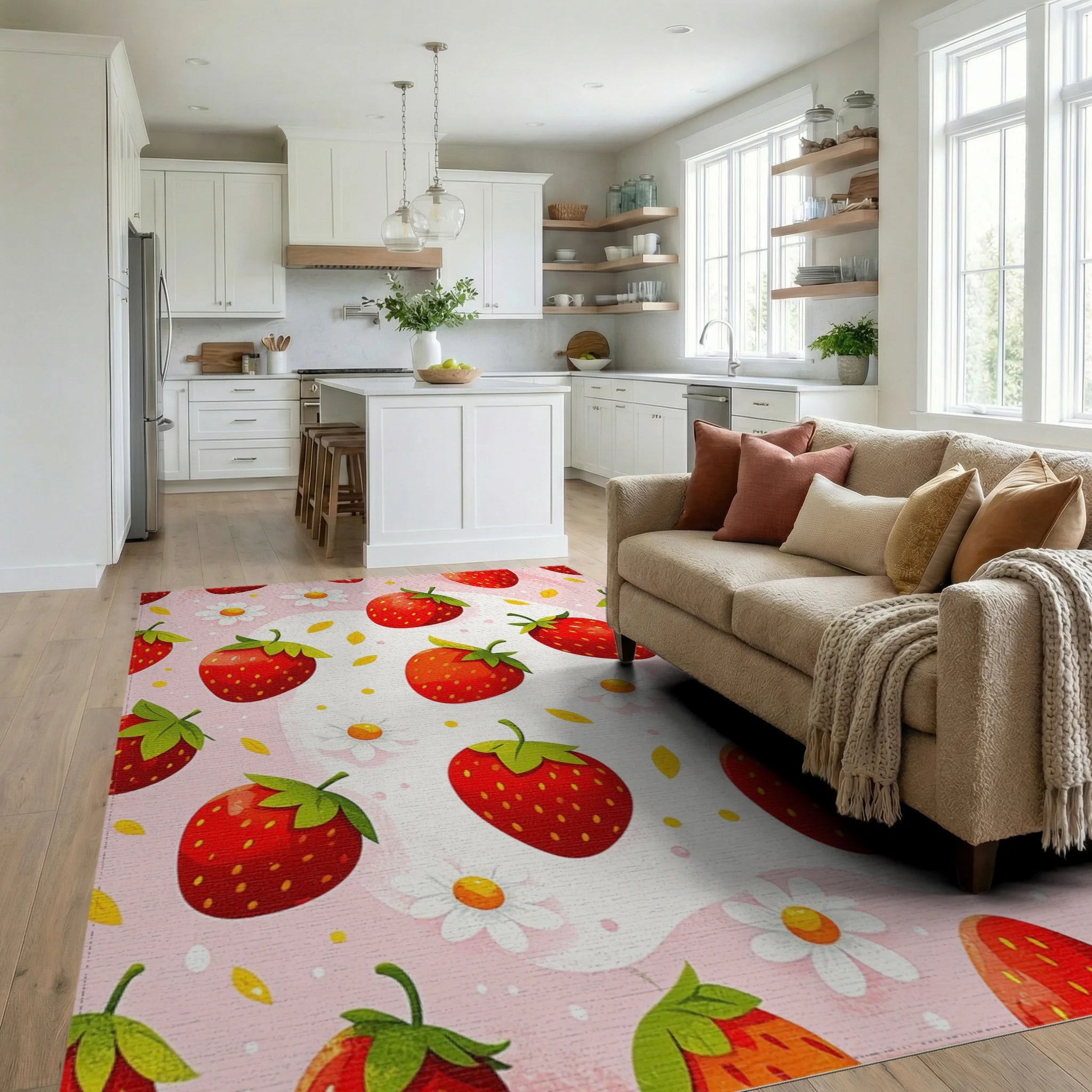 Whimsical Pink Strawberry Daisy Rug Living Room View