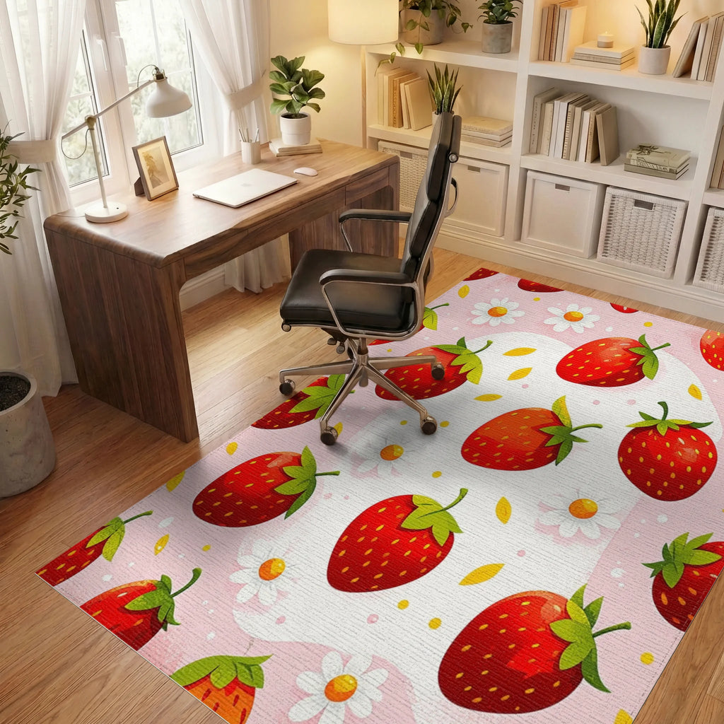 Whimsical Pink Strawberry Daisy Rug Office View