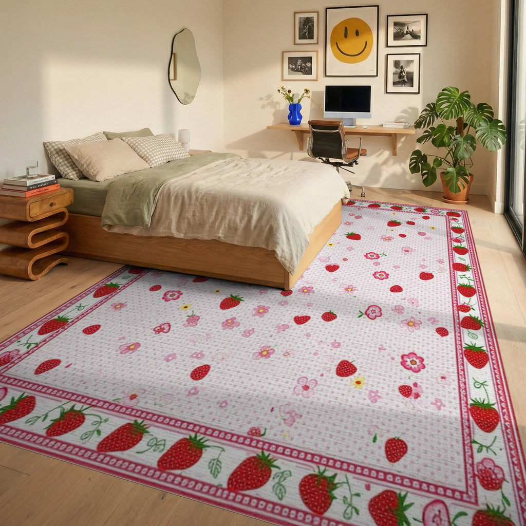 Whimsical Pink Strawberry Floral Rug - Bedroom View