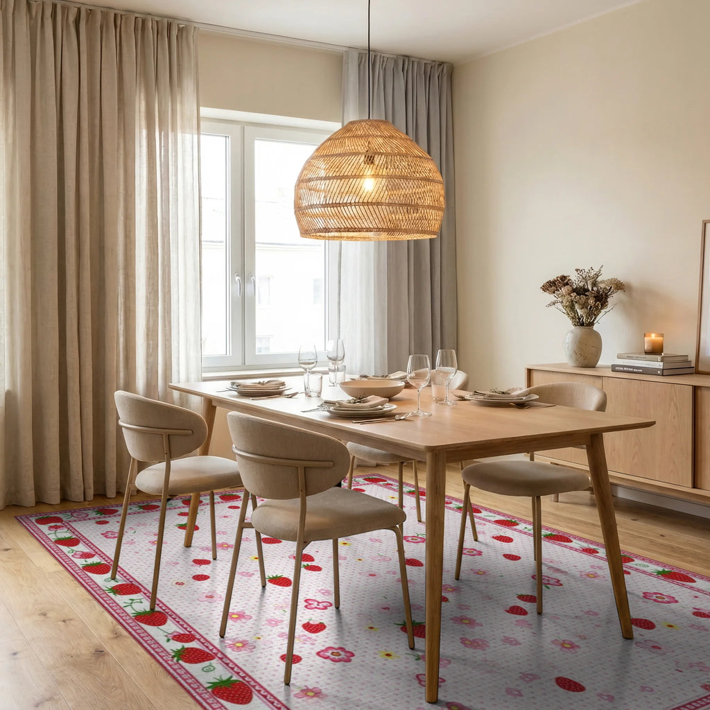 Whimsical Pink Strawberry Floral Rug - Dining Room View