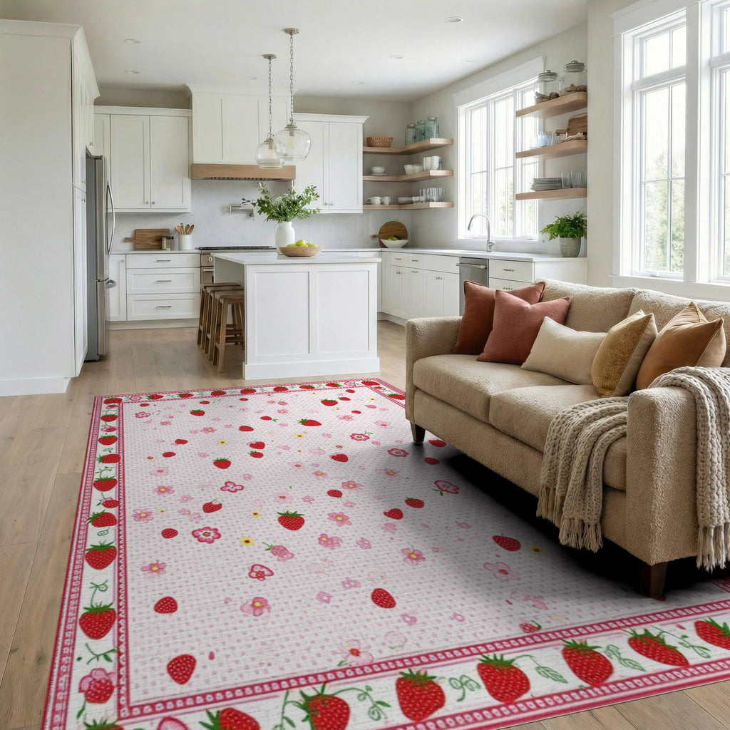Whimsical Pink Strawberry Floral Rug - Living Room View