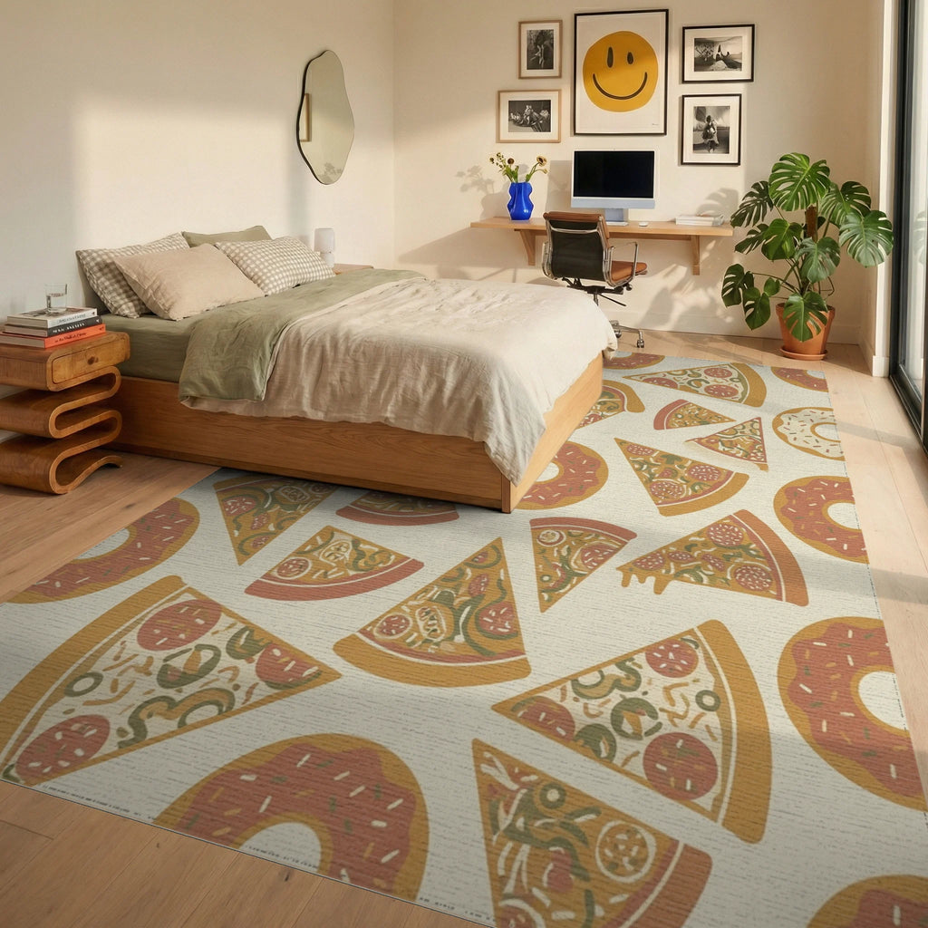 Whimsical Pizza Donut Repeating Pattern Rug Bedroom View