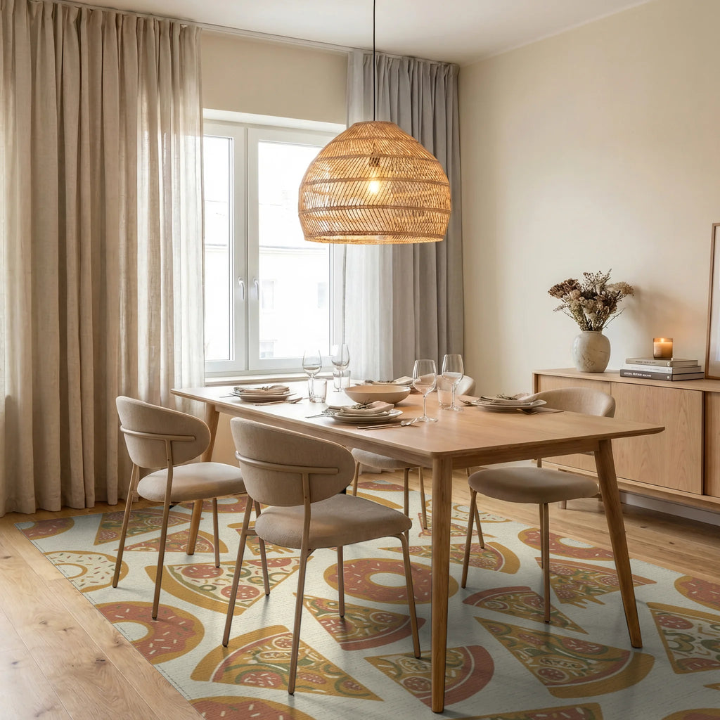 Whimsical Pizza Donut Repeating Pattern Rug Dining Room View