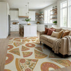 Whimsical Pizza Donut Repeating Pattern Rug Living Room View