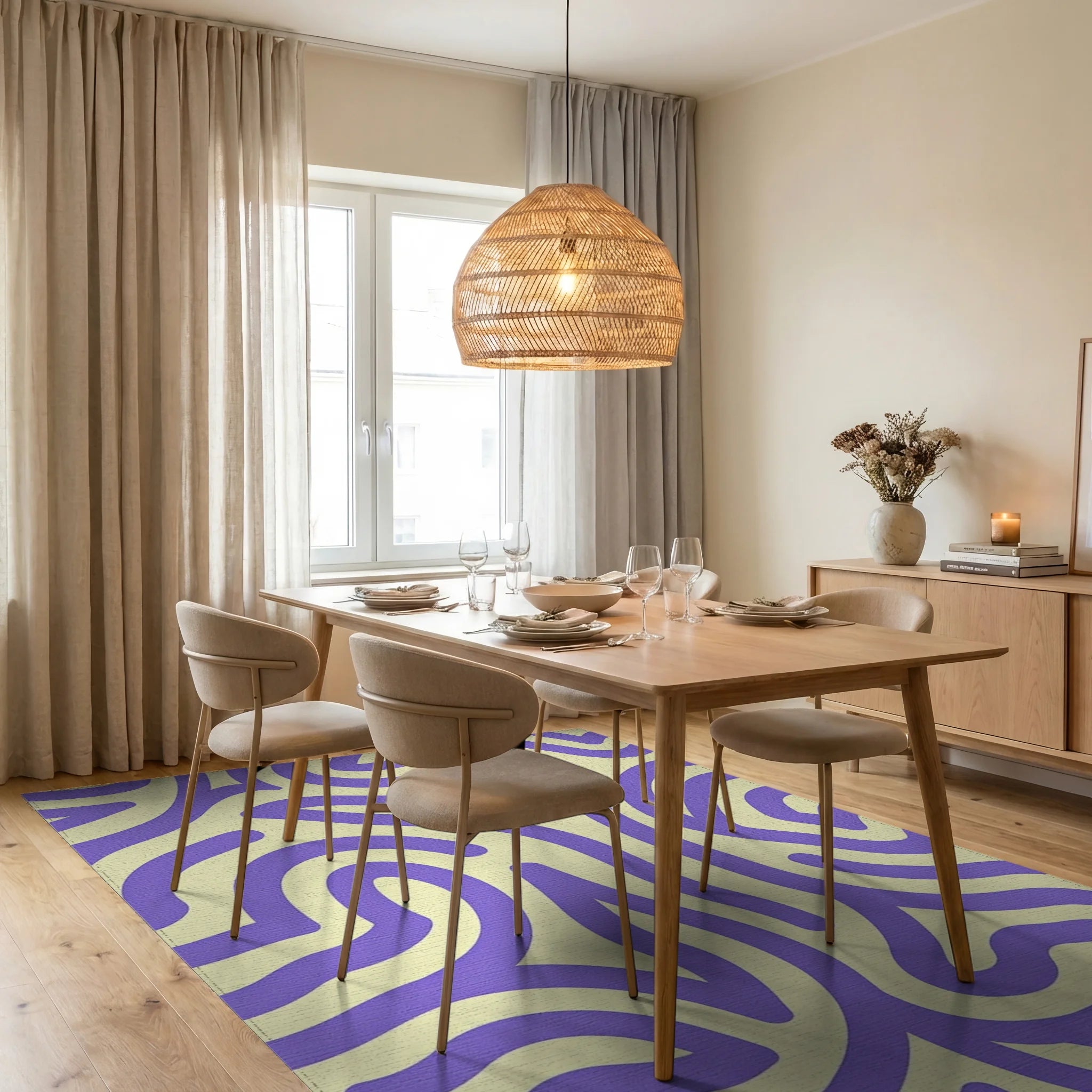 Whimsical Purple Cream Abstract Lines Rug Dining Room View