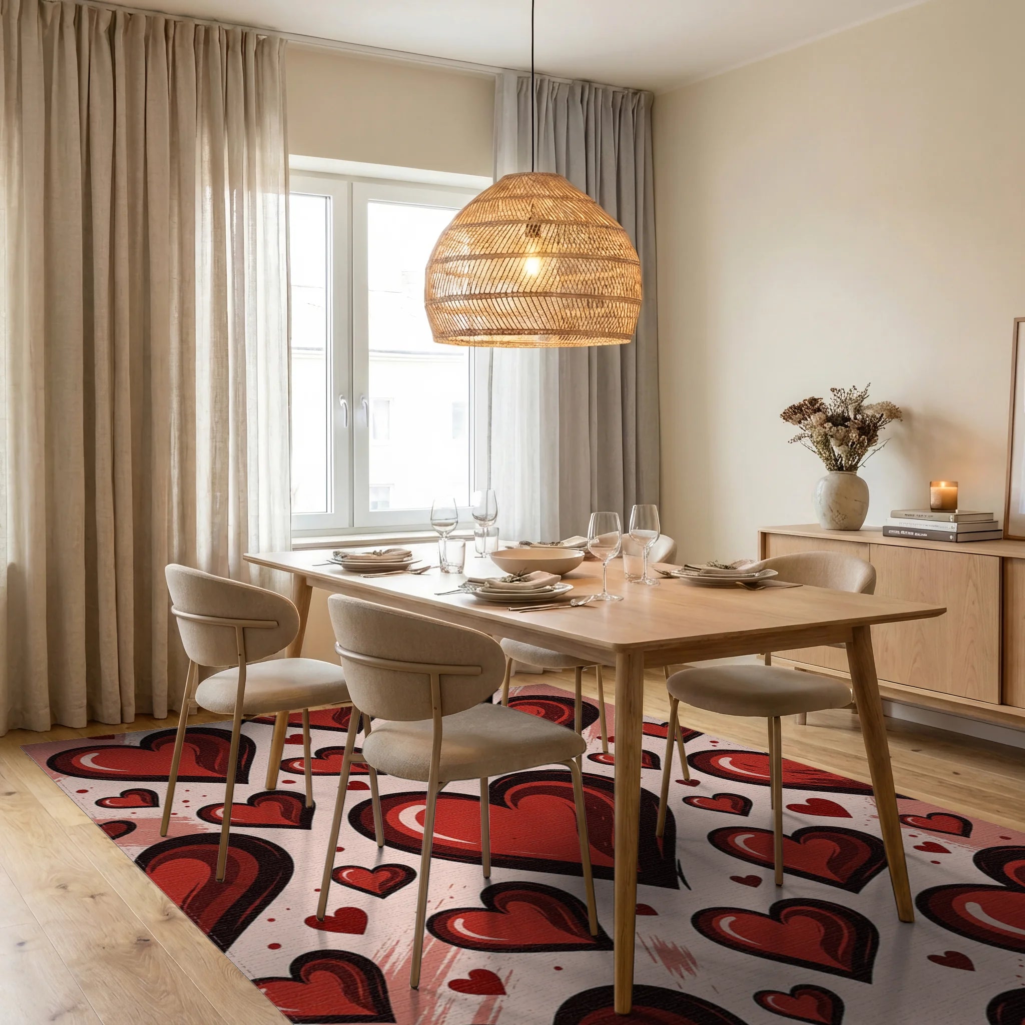 Whimsical Romantic Crimson Heart Collage Rug Dining Room View