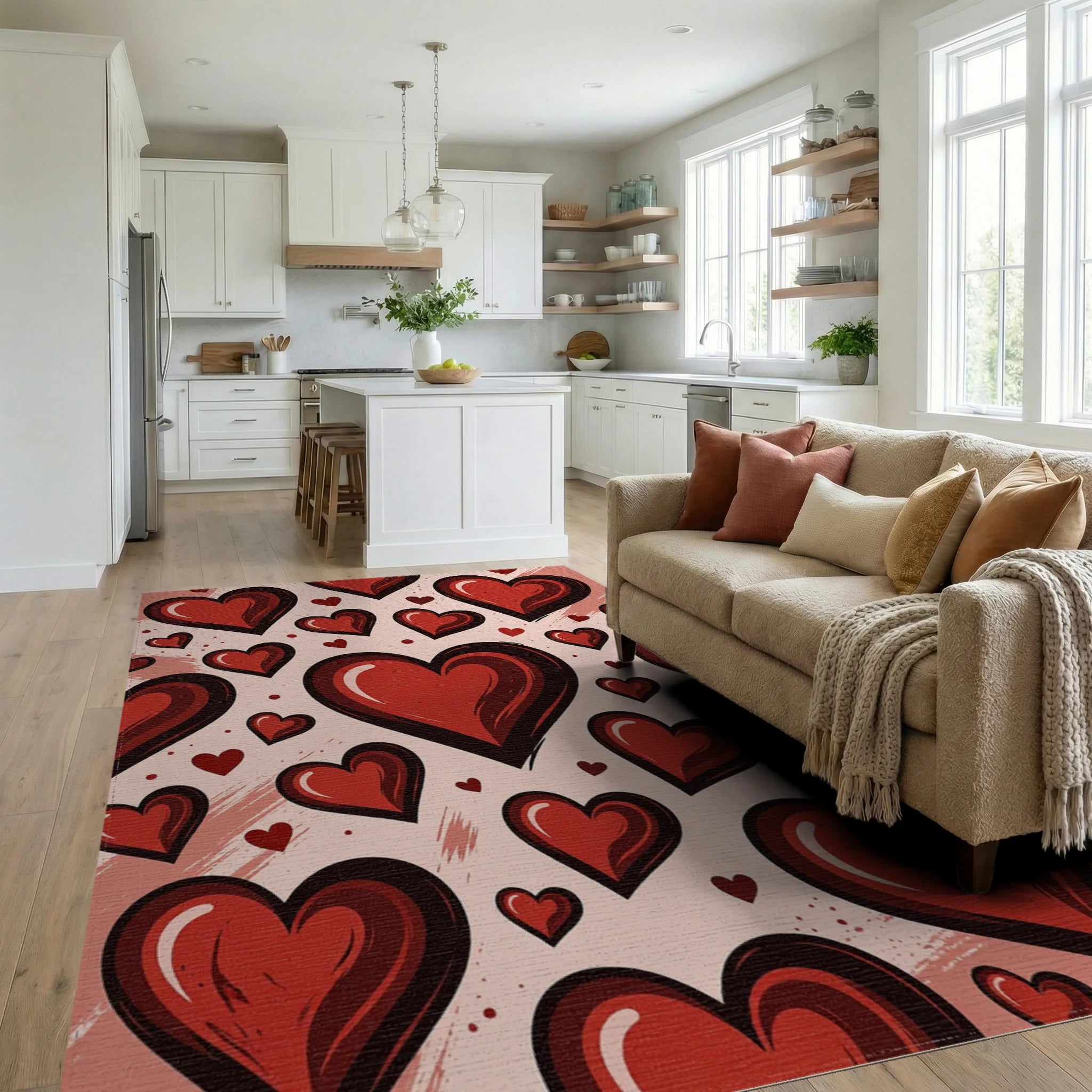 Whimsical Romantic Crimson Heart Collage Rug Living Room View